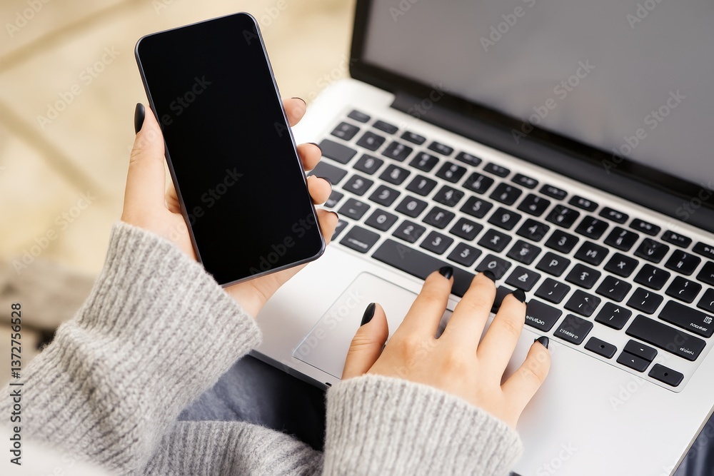 Poster closeup of woman using laptop and holding smartphone with blank screen on bright background for busi