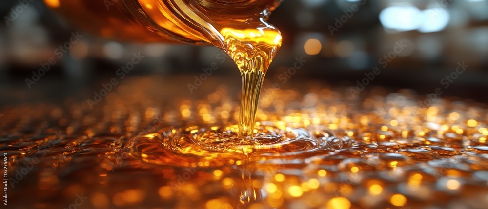 Poster golden liquid cascade in mesmerizing detail capturing the essence of honey or oil with bokeh light a