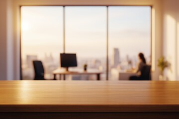 Wooden tabletop mockup with blurred modern office background at sunset for product display or presentation concept. Ai generative.