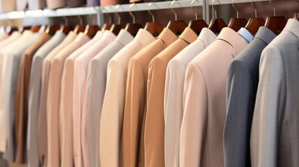 Fototapeta premium Row of men's suit jackets hanging in closet