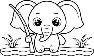 Charming Elephant with Fishing Rod Outline on Transparent Background