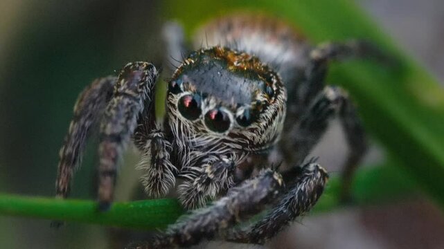 Jumping Spider with Big Eyes on Grass and Branches in Slow Motion Macro Shot.