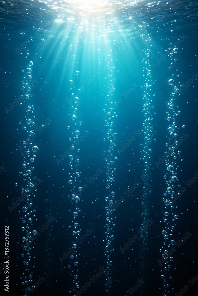 Poster sunlight rays penetrating deep blue ocean water with rising air bubbles forming vertical streams in 