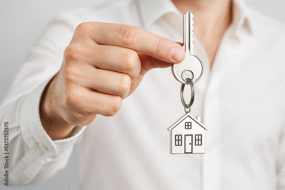Poster man holding a house-shaped keychain symbolizing real estate ownership and property investment on a l