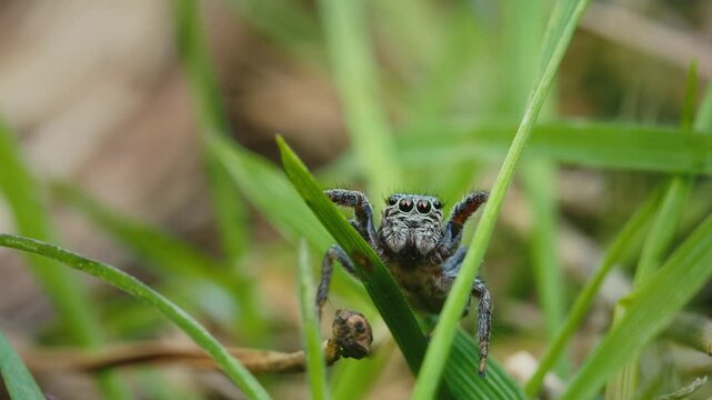 Macro Shot of a Jumping Spider Moving Through Grass and Branches
