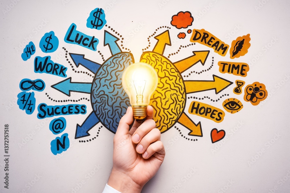 Poster creative brainstorming concept with hand holding glowing lightbulb in front of brain illustration sp