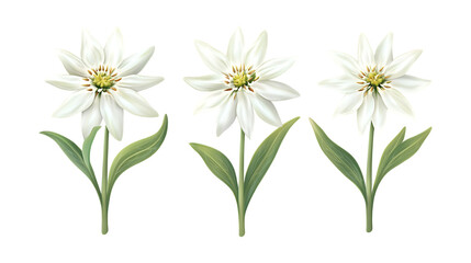 Edelweiss Set in Three Poses on Transparent Background for Floral Illustrations, Nature-Themed Designs, or Botanical Branding