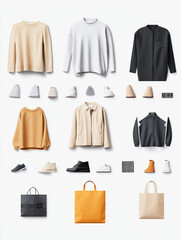A collection of sweaters, jackets, shoes and tote bags are displayed in a neat grid on a white background.