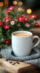 A warm beverage served in a white mug surrounded by decorations