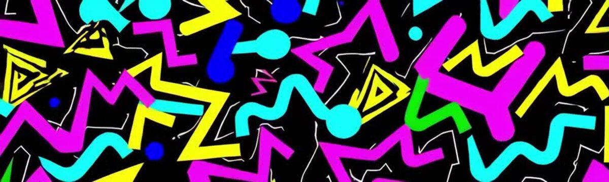 Retro-styled geometric pattern with neon-colored triangles, zigzags, and circles on a black background