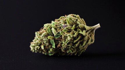 Close-up of a detailed cannabis bud on a dark background, showcasing its unique texture.