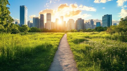 Fototapeta premium path leading toward the horizon of a big bright city with skyscraper 
