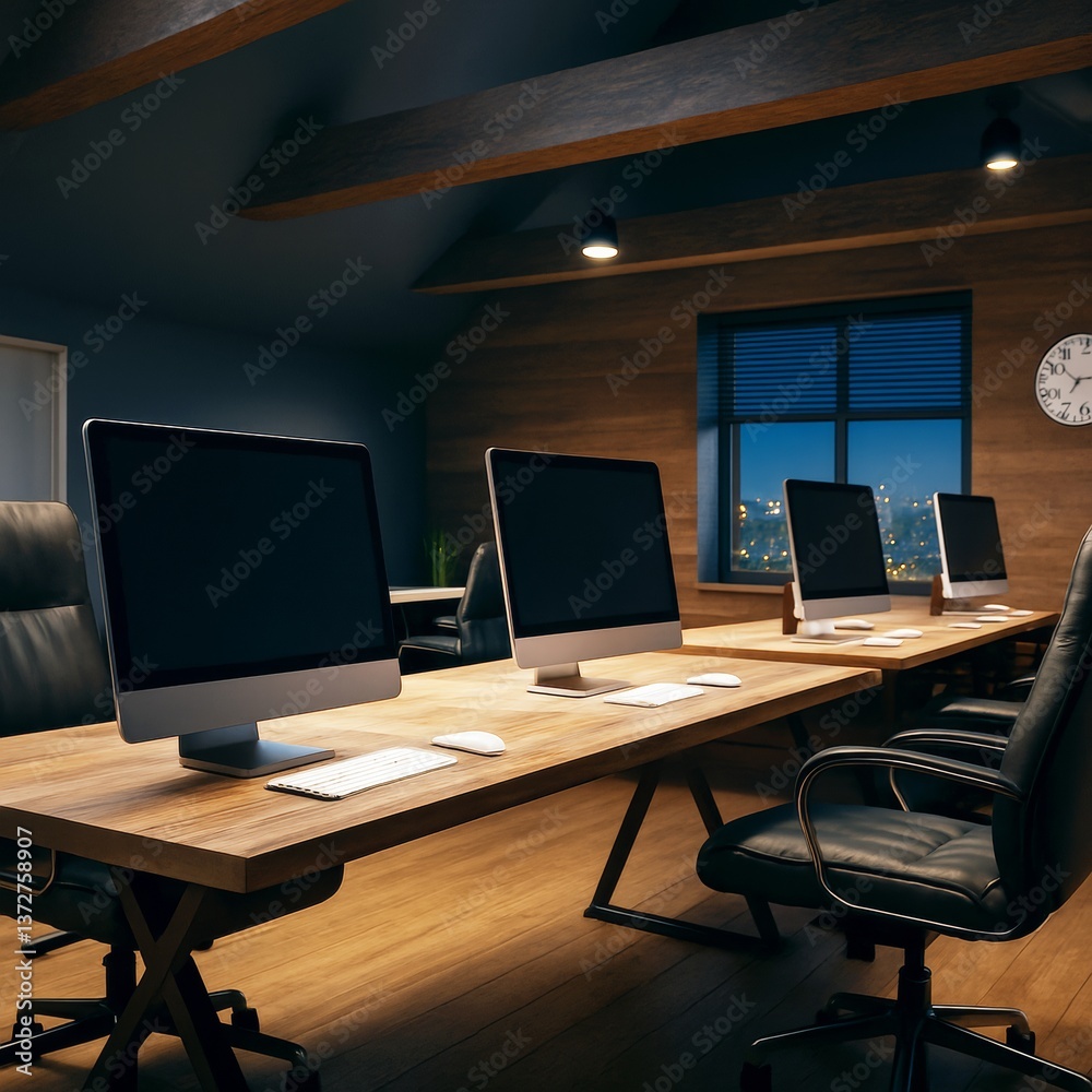 Poster modern office workspace at night with multiple computers on wooden desks in a cozy interior illumina