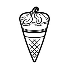 Line art illustration of a classic ice cream cone. Creamy swirl of ice cream in a waffle cone. Symbolizes summer, treats, desserts, and refreshment. Perfect for food, culinary, and lifestyle concepts