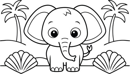 Cute Elephant Cartoon Character with Palm Trees, Seashells, and Transparent Background