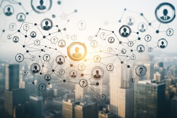 Abstract social network of business connections with icons linked over urban cityscape in light tone background concept of digital communication system.