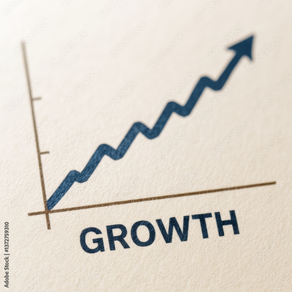 Poster Upward arrow on zigzag line graph showing business growth concept on light paper background with emphasis on success and progress. Ai generative.