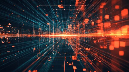 A vibrant digital landscape depicting lines of light and data streams, creating a sense of depth and movement in a futuristic environment.