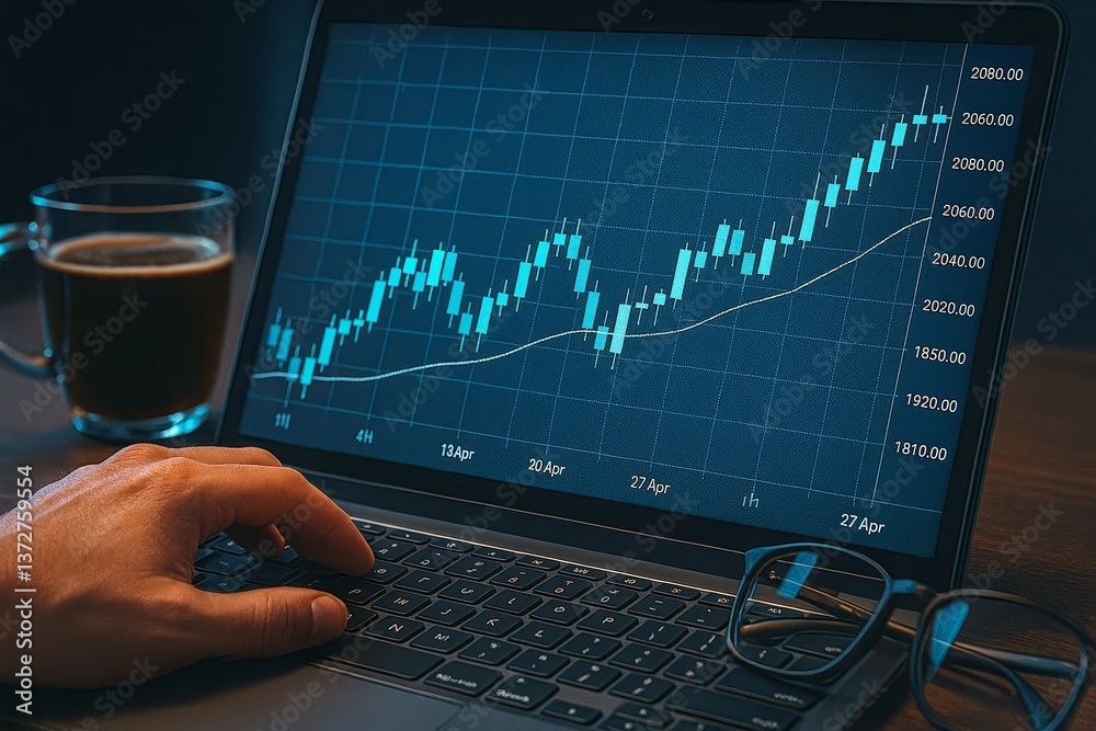 Poster business analyst monitoring stock market growth on digital candlestick chart with financial data and