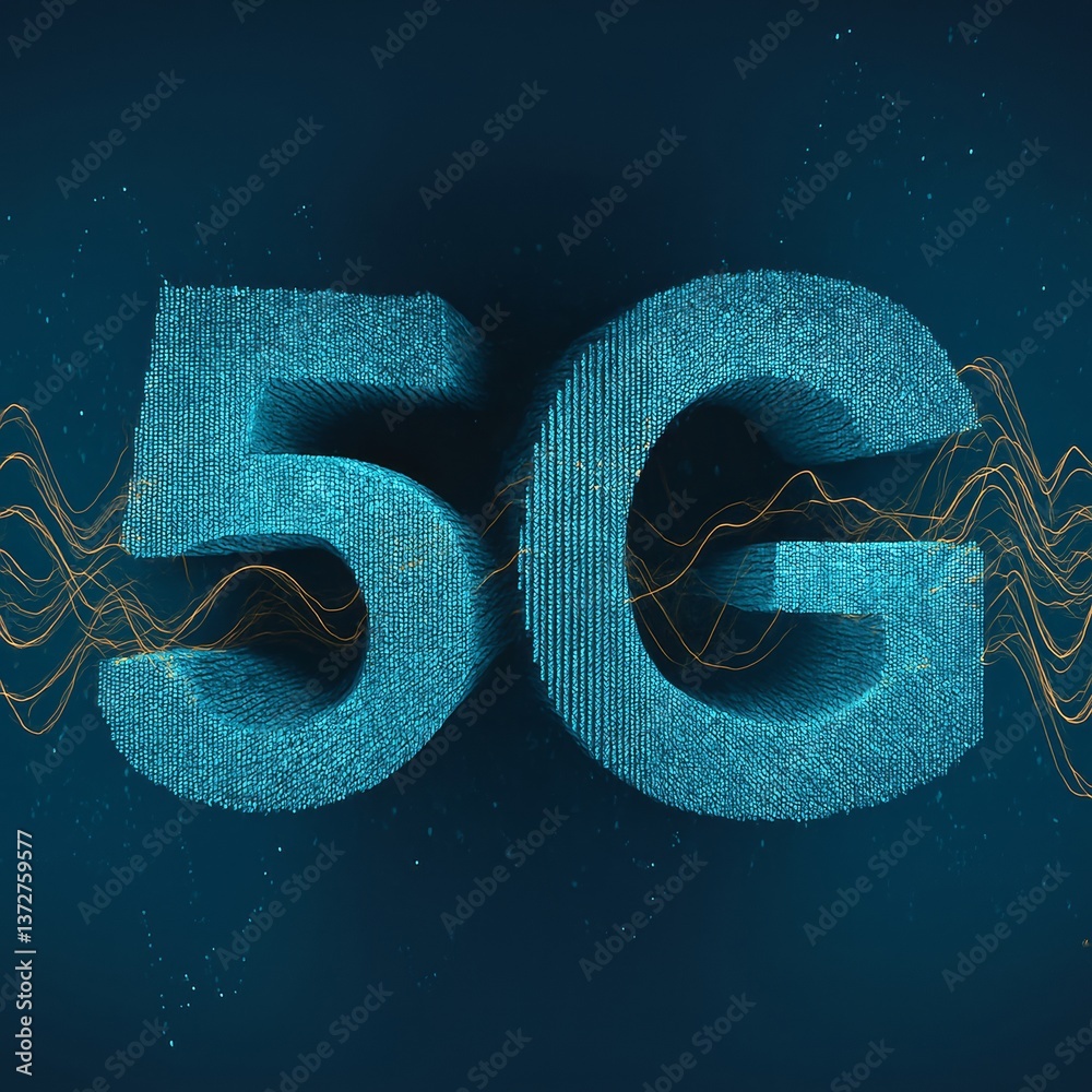 Poster 5G digital technology concept with glowing blue particles and data waves on dark background representing fast mobile internet connectivity speed.