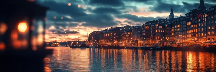 Naklejka premium A stunning cityscape at sunset, with reflections and glowing lights creating a serene atmosphere.