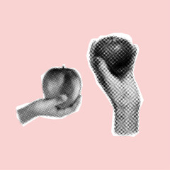hand holding apple halftone style,cut out from paper