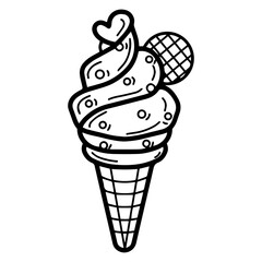 Line art illustration of a whimsical ice cream cone. Swirled soft serve, heart topping, sprinkles, and waffle cone. Symbolizes summer, treats, and childhood. Perfect for food, culinary, and lifestyle