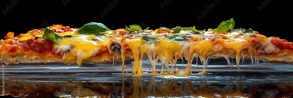 Poster delicious pizza slice with gooey cheese and vibrant toppings in high-speed capture showcasing irresi