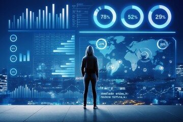 Business person analyzing futuristic world map and information data charts on digital display in glowing blue light on urban background at night.