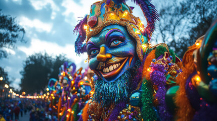 Man in a costume with a big smile on his face. The costume is colorful and has a lot of beads and feathers