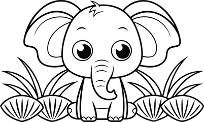 Cute Cartoon Elephant Outline with Big Eyes and Leaves Design