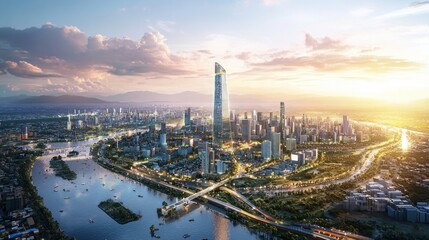 Obraz premium Urban skyline development modern city aerial photography vibrant environment sunset view urban growth concept