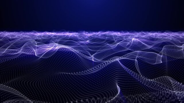 Blue background with abstract field of elegant energy waves made of glowing white particles. Ethereal flow animation for spiritual visualization, science fiction and futuristic technology. 4K 60fps