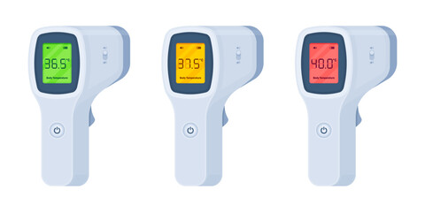 Set of contactless infrared digital thermometers displaying normal and fever temperatures in Celsius. Healthcare and health monitoring concept. Flat vector illustration isolated on a white background
