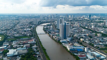 Naklejka premium Aerial view of urban river landscape bangkok city outdoor photography cloudy atmosphere high angle perspective city life