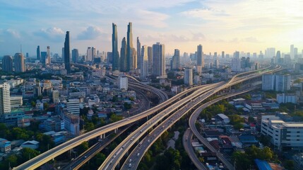 Fototapeta premium Urban traffic flow at sunset bangkok aerial view cityscape modern architecture