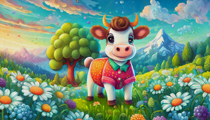Fototapeta premium OIL PAINTING STYLE CHARTOON CHARACTER ILLUSTRATION CUTE baby cow in red shirt is cutting tree.