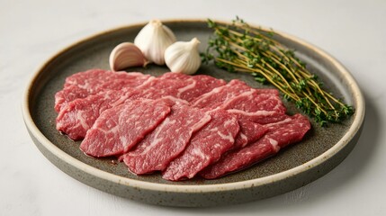 Fototapeta premium Raw Beef Slices on Plate with Garlic and Thyme Ready for Grilling or Cooking
