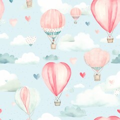 Whimsical Hot Air Balloons in the Sky Dreamy Pastel Illustration, perfect for nursery decor with a playful atmosphere