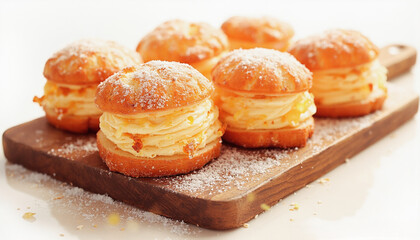 Delicious cream-filled pastries on a wooden board  