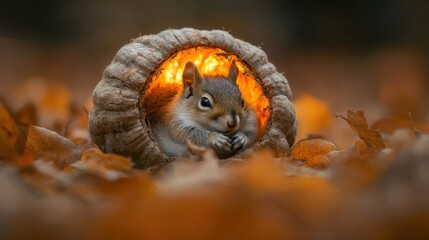 Naklejka premium A cute squirrel nestled inside a hollowed nut, surrounded by autumn leaves, creating a warm and cozy atmosphere.
