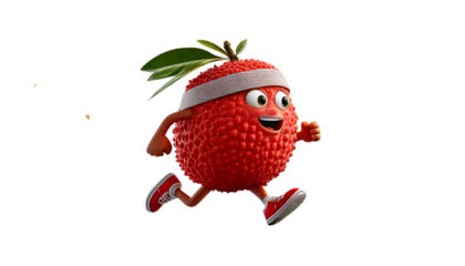 Cartoon lychee with sweatband around its forehead running a marathon in the transparent white background, PNG Image.