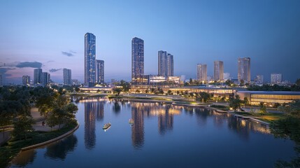 Urban development showcase modern cityscape at dusk architectural photography serene waterfront wide angle urban planning insight