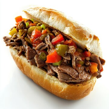 Delicious italian beef sandwich with giardiniera on crusty french roll