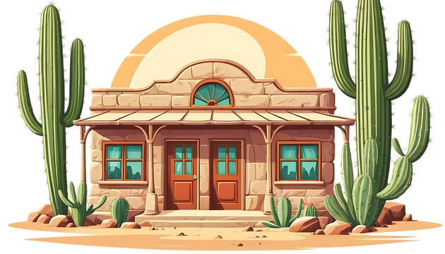 Vintage Desert Building Surrounded by Cacti png