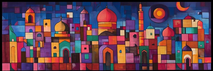Colorful abstract cityscape painting with domes towers arches and celestial