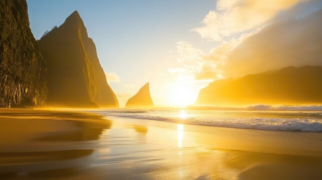 A breathtaking golden sunrise over towering mountains, reflecting off the tranquil sea waves.