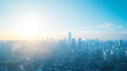 A bright, futuristic city skyline in the distance, shimmering high-tech buildings, sunlight gleaming off glass facades, vibrant and clean atmosphere, futuristic transportation systems visible, photore