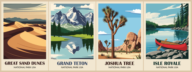 Collection of retro posters featuring various national parks. Great Sand Dunes, Joshua tree, Isle Royale, Grand Teton landscape prints. Vector colorful art illustrations
