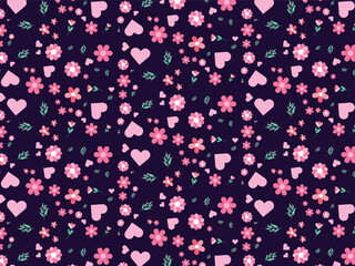 A charming seamless pattern featuring pink flowers, green leaves, and heart shapes on a dark purple background